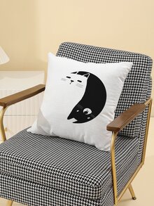 Cat Print Cushion Cover Without Filler - Black and White - View 4