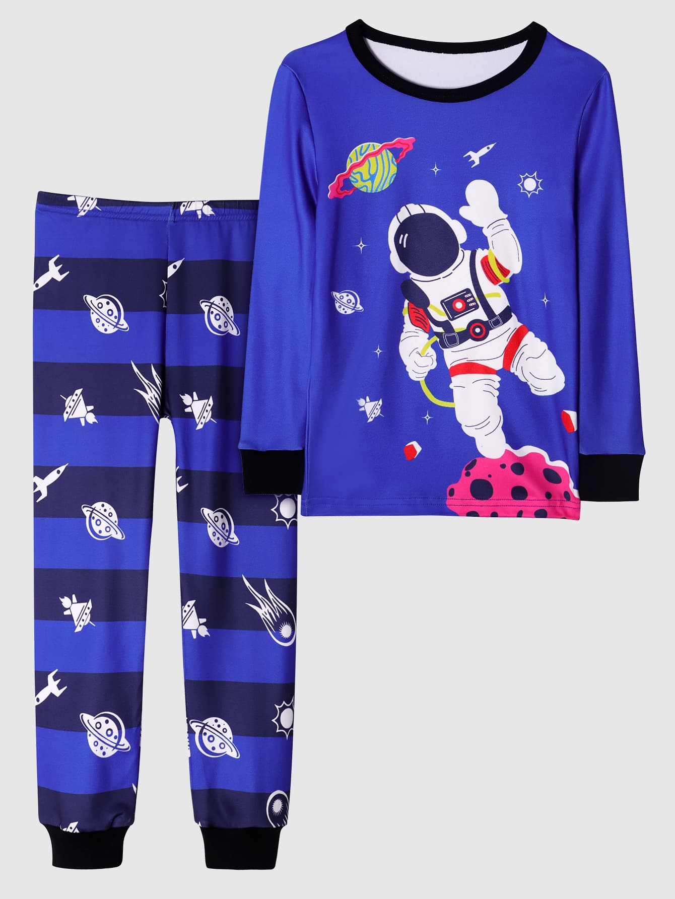 Boys Astronaut & Striped Print Snug Fit PJ Set - Royal Blue - View 1