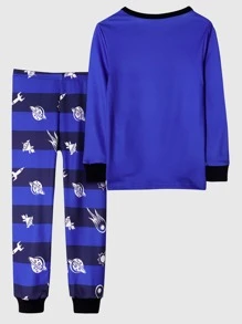 Boys Astronaut & Striped Print Snug Fit PJ Set - Royal Blue - View 2