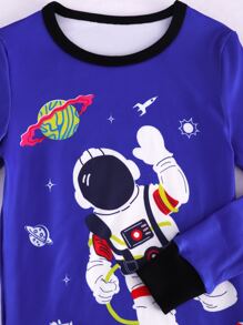 Boys Astronaut & Striped Print Snug Fit PJ Set - Royal Blue - View 3