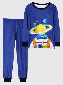 Boys Planet & Spaceman Print Snug Fit PJ Set - Blue - View 1