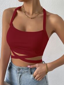 SHEIN Unity Women's Solid Color Criss-Cross Ribbed Cropped Slim Fit Halter Neck Tank Top - Burgundy - View 3