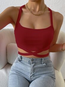 SHEIN Unity Women's Solid Color Criss-Cross Ribbed Cropped Slim Fit Halter Neck Tank Top - Burgundy - View 6