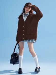 ROMWE J-Fashion Áo khoác cardigan hai túi vai trơn, đi học, áo dài tay - Màu nâu Sô-cô-la - Xem 2