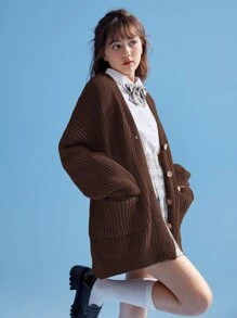 ROMWE J-Fashion Áo khoác cardigan hai túi vai trơn, đi học, áo dài tay - Màu nâu Sô-cô-la - Xem 3