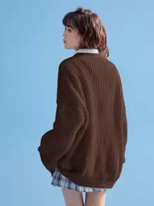 ROMWE J-Fashion Áo khoác cardigan hai túi vai trơn, đi học, áo dài tay - Màu nâu Sô-cô-la - Xem 4