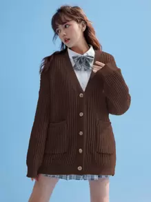 ROMWE J-Fashion Áo khoác cardigan hai túi vai trơn, đi học, áo dài tay - Màu nâu Sô-cô-la - Xem 5