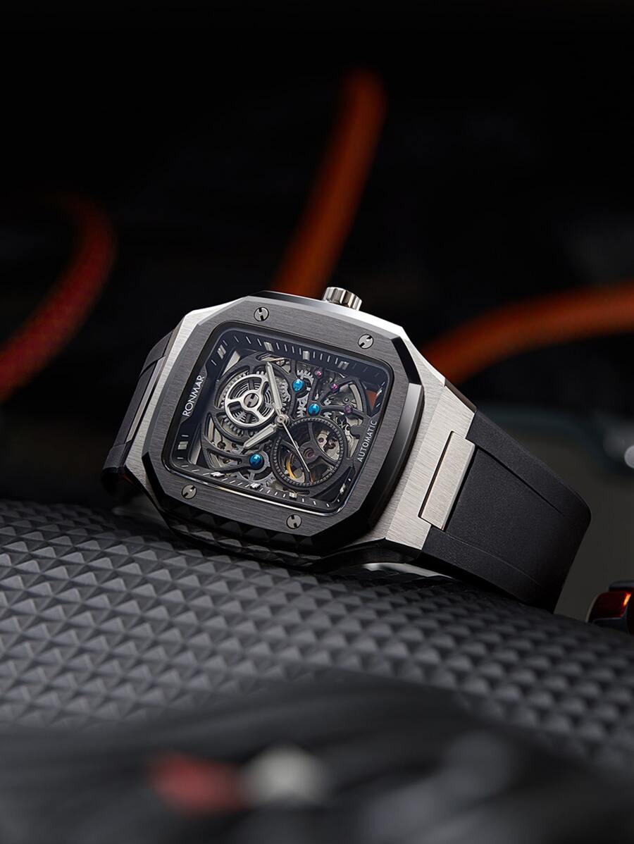 RONMAR 1pc Men's Business Mechanical Watch Square Stainless Steel Watch Strap - Black - View 1