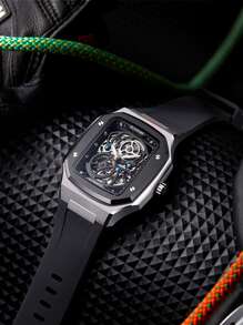 RONMAR 1pc Men's Business Mechanical Watch Square Stainless Steel Watch Strap - Black - View 2
