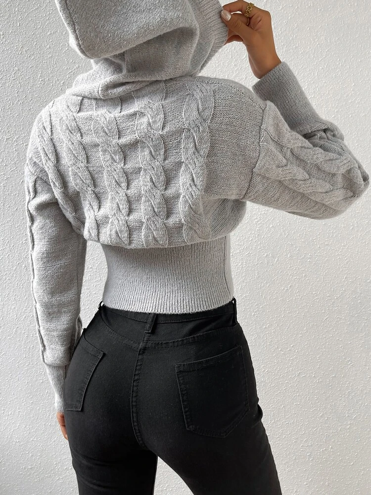Cable Knit Drop Shoulder Hooded Knit Pullover Fall Winter Sweater