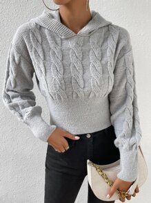 Chiquease Cable Knit Drop Shoulder Hooded Knit Pullover Fall Winter Sweater - Light Grey - View 3