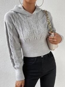 Chiquease Cable Knit Drop Shoulder Hooded Knit Pullover Fall Winter Sweater - Light Grey - View 5