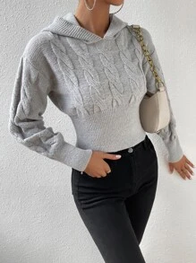 Chiquease Cable Knit Drop Shoulder Hooded Knit Pullover Fall Winter Sweater - Light Grey - View 6