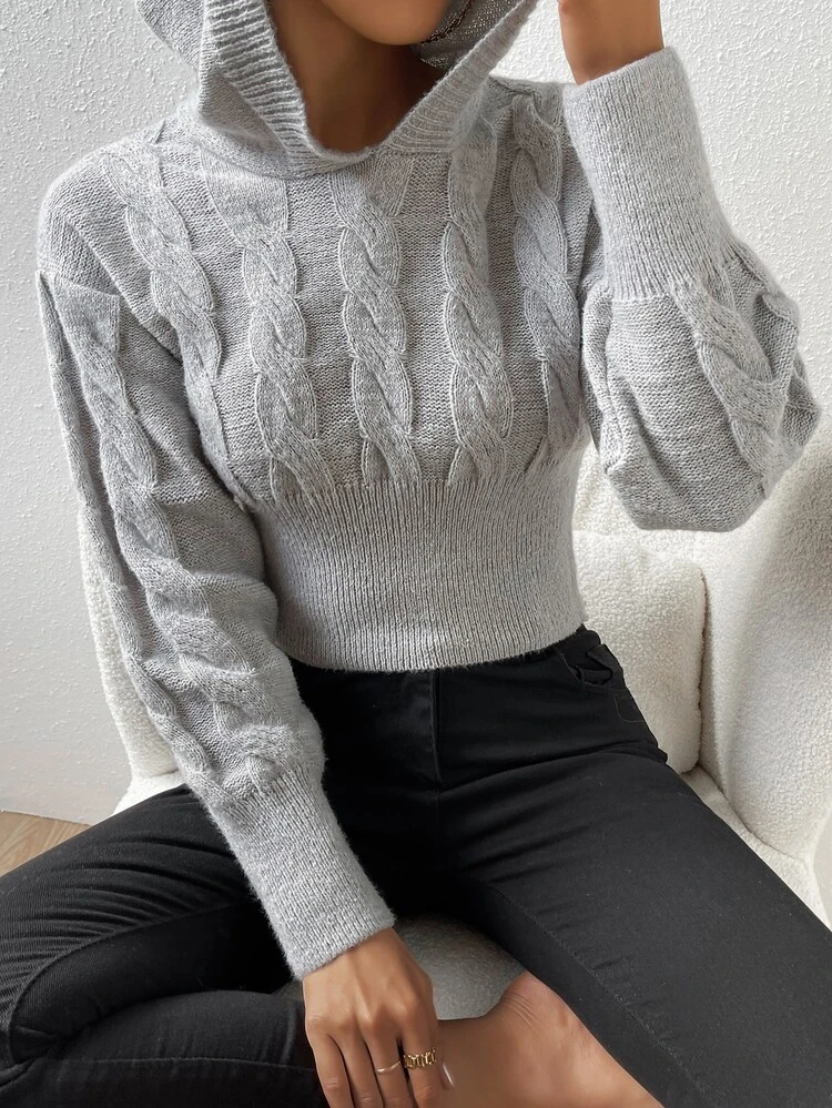 Cable Knit Drop Shoulder Hooded Knit Pullover Fall Winter Sweater
