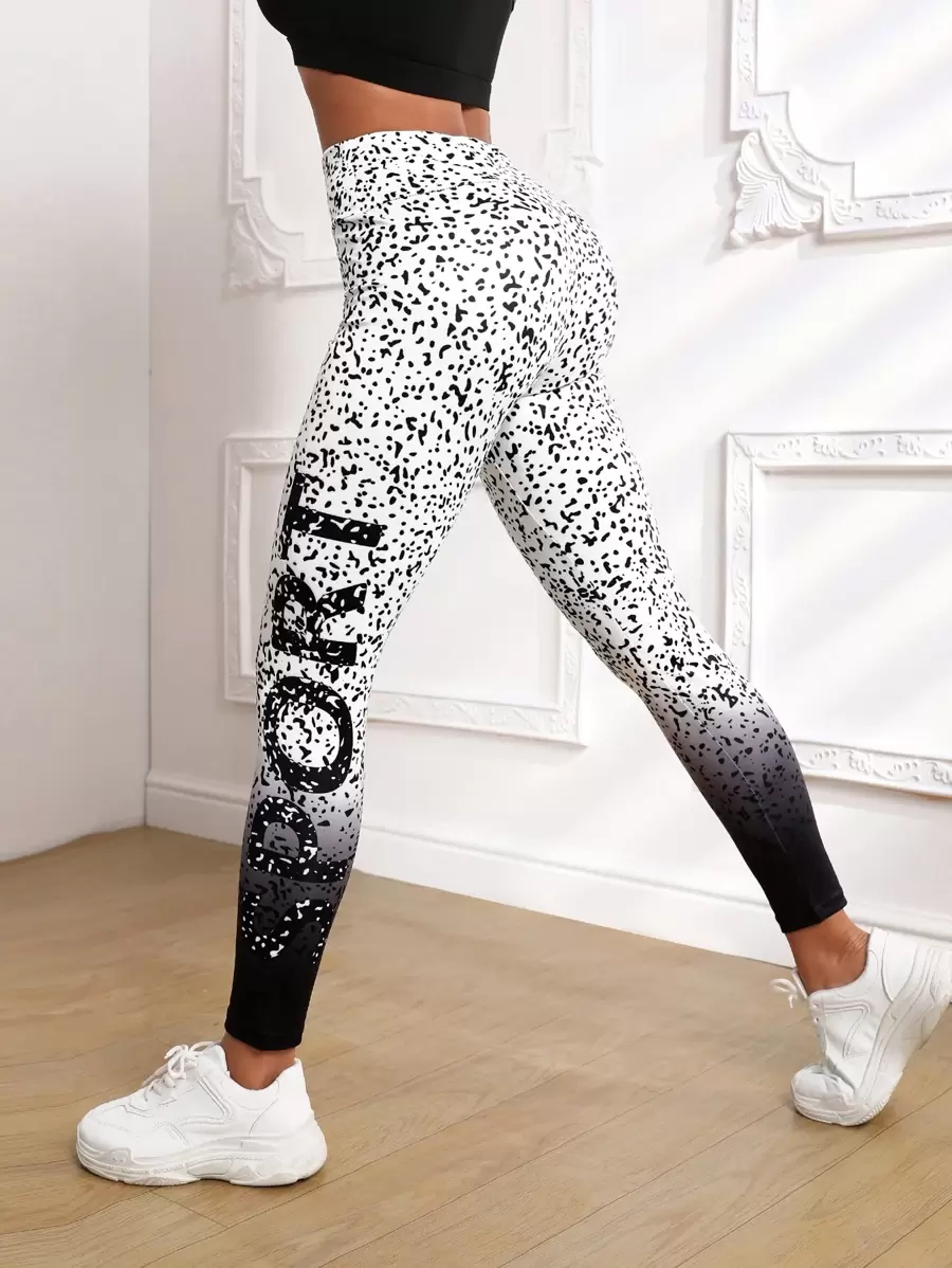 Easithlete Dalmatian & Letter Graphic Sports Leggings Yoga Women Pants - Black and White - View 1