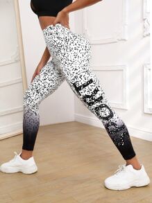 Easithlete Dalmatian & Letter Graphic Sports Leggings Yoga Women Pants - Black and White - View 2