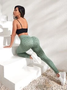 Yoga Trendy 豹紋印花瑜伽打底褲寬腰帶競技褲襪 - 薄荷綠 - 查看 5