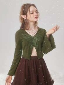 ROMWE Fairycore 蝴蝶貼布木耳邊T恤 - 軍綠色 - 查看 5