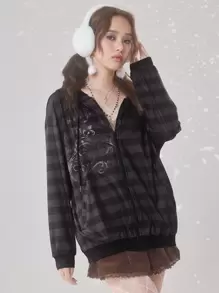 ROMWE Fairycore Striped Graphic Zip Up Drawstring Hoodie - Multicolor - View 1