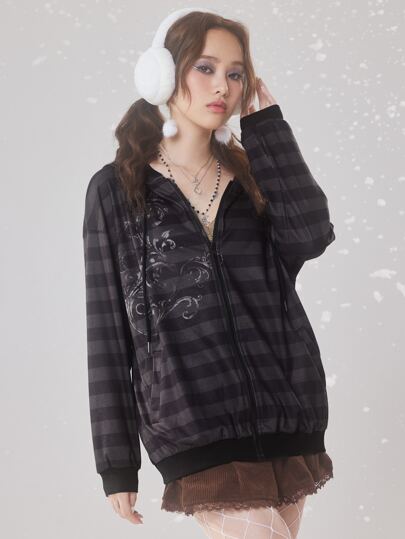 Fairycore Striped Graphic Zip Up Drawstring Hoodie