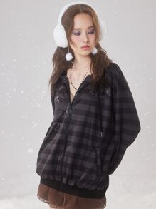 ROMWE Fairycore Striped Graphic Zip Up Drawstring Hoodie - Multicolor - View 3