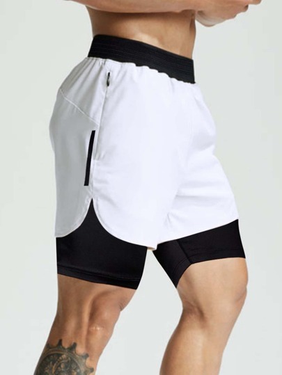 Manfinity Sport PWRUP Boyfriend Style Men Colorblock 2 In 1 Sports Shorts, White Shorts Gym Shorts