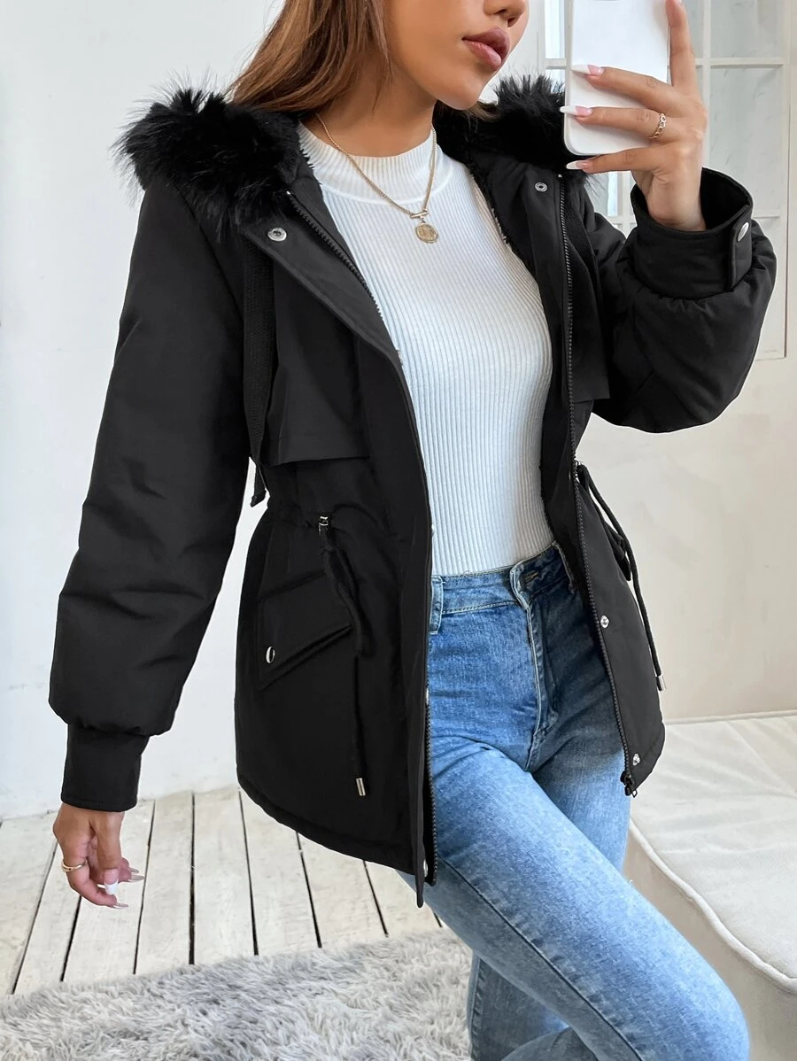 SHEIN PETITE Drawstring Waist Fuzzy Trim Hooded Parka Coat - Black - View 1
