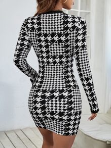 SHEIN PETITE Houndstooth Print Button Detail Bodycon Dress - Black and White - View 2