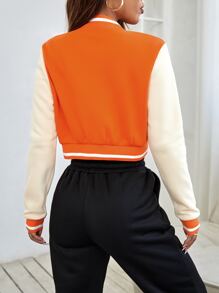 SHEIN PETITE Áo khoác nữ Nút phía trước Khối Màu Lá thư Giải trí - trái cam - Xem 2