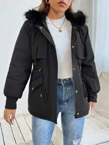 SHEIN PETITE Drawstring Waist Fuzzy Trim Hooded Parka Coat - Black - View 3