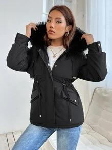 SHEIN PETITE Drawstring Waist Fuzzy Trim Hooded Parka Coat - Black - View 4