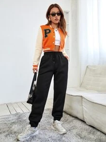 SHEIN PETITE Áo khoác nữ Nút phía trước Khối Màu Lá thư Giải trí - trái cam - Xem 6