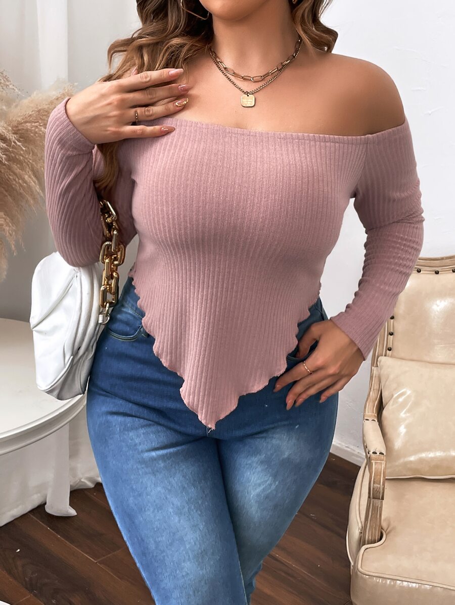 Celure Plus Off Shoulder Lettuce Trim Asymmetrical Hem Tee - Dusty Pink - View 1