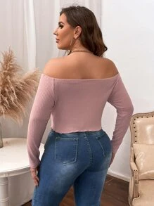 Celure Plus Off Shoulder Lettuce Trim Asymmetrical Hem Tee - Dusty Pink - View 2