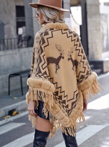 SHEIN LUNE Áo len nữ Bất đối xứng Tương phản lông thú giả mép Thú vật Hình học Giải trí - Màu Khaki - Xem 2