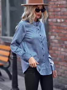 Aveloria Allover Print Button Up Satin Shirt Elegant Business Casual Women ,Long Sleeve Tops