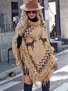 SHEIN LUNE Áo len nữ Bất đối xứng Tương phản lông thú giả mép Thú vật Hình học Giải trí - Màu Khaki - Xem 6