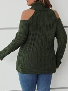 SHEIN Clasi Áo len cổ lọ hở vai Plus, Mùa đông - xanh quân đội - Xem 2