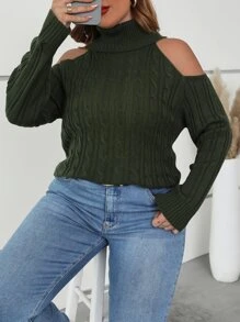 SHEIN Clasi Áo len cổ lọ hở vai Plus, Mùa đông - xanh quân đội - Xem 3