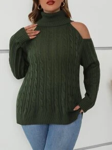 SHEIN Clasi Áo len cổ lọ hở vai Plus, Mùa đông - xanh quân đội - Xem 4