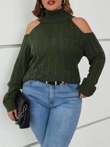 SHEIN Clasi Áo len cổ lọ hở vai Plus, Mùa đông - xanh quân đội - Xem 5