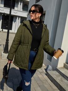 SHEIN EZwear Plus Zip Up Hooded Quilted Coat - Army Green - View 6