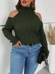 SHEIN Clasi Áo len cổ lọ hở vai Plus, Mùa đông - xanh quân đội - Xem 6