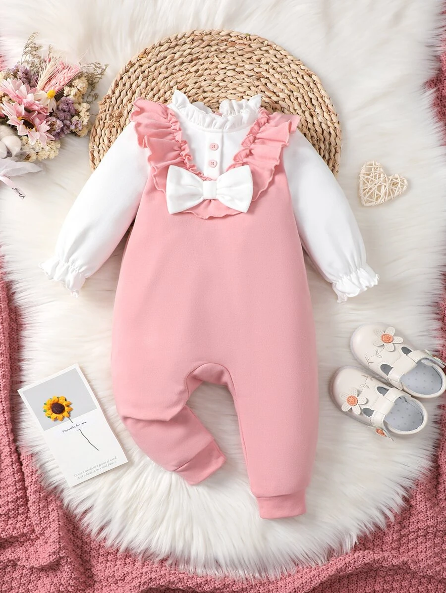 Baby Ruffle Trim Bow Front 2 In 1 Jumpsuit - Multicolor - View 1