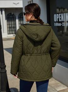 SHEIN EZwear Plus Zip Up Hooded Quilted Coat - Army Green - View 8