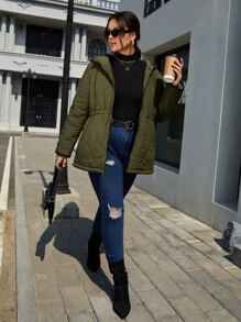 SHEIN EZwear Plus Zip Up Hooded Quilted Coat - Army Green - View 7