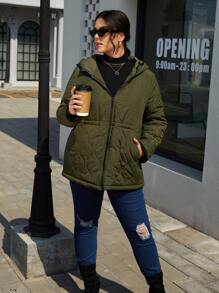 SHEIN EZwear Plus Zip Up Hooded Quilted Coat - Army Green - View 9