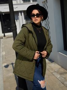 SHEIN EZwear Plus Zip Up Hooded Quilted Coat - Army Green - View 10