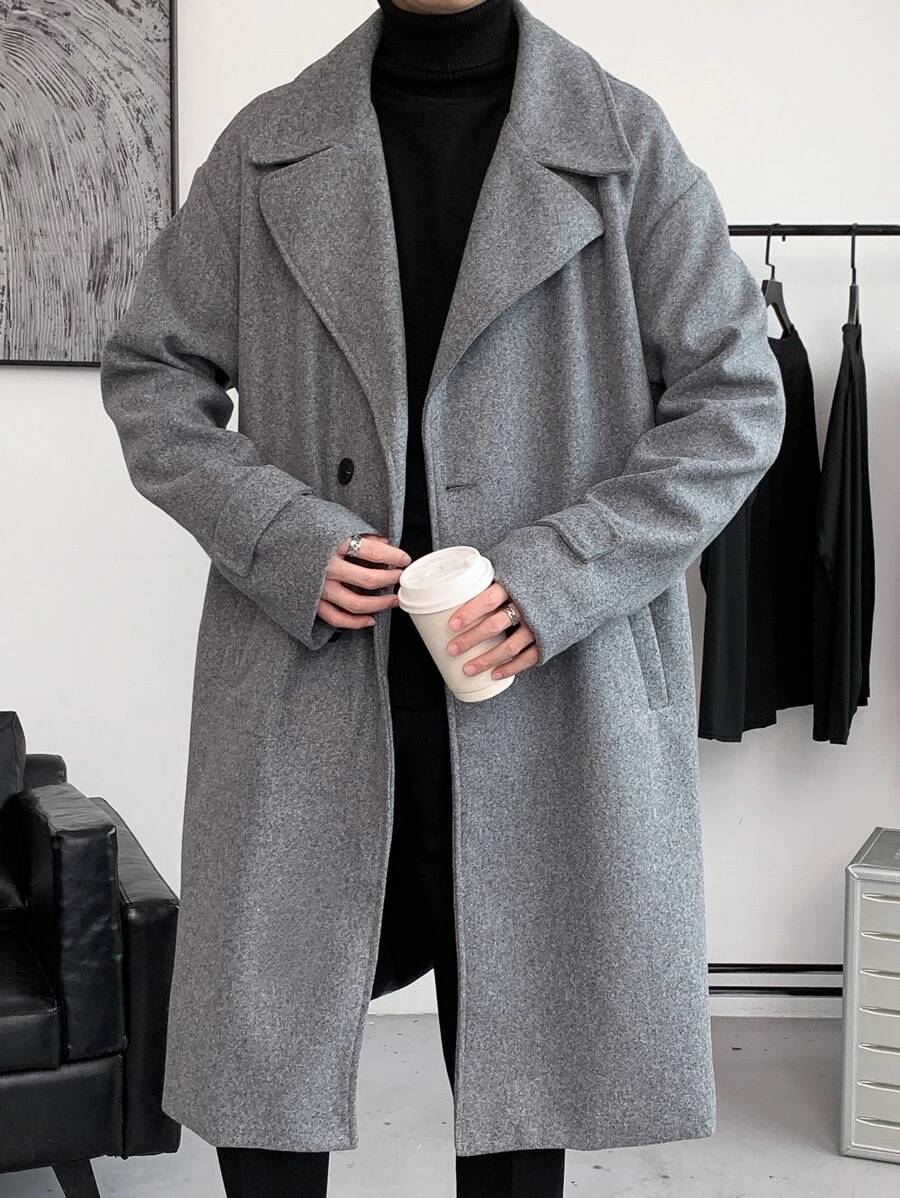 Manfinity Hypemode Men Lapel Collar Drop Shoulder Belted Overcoat - Grey - View 1