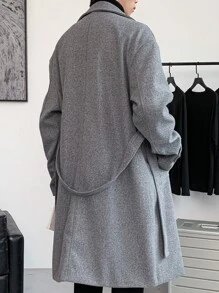 Manfinity Hypemode Men Lapel Collar Drop Shoulder Belted Overcoat - Grey - View 2